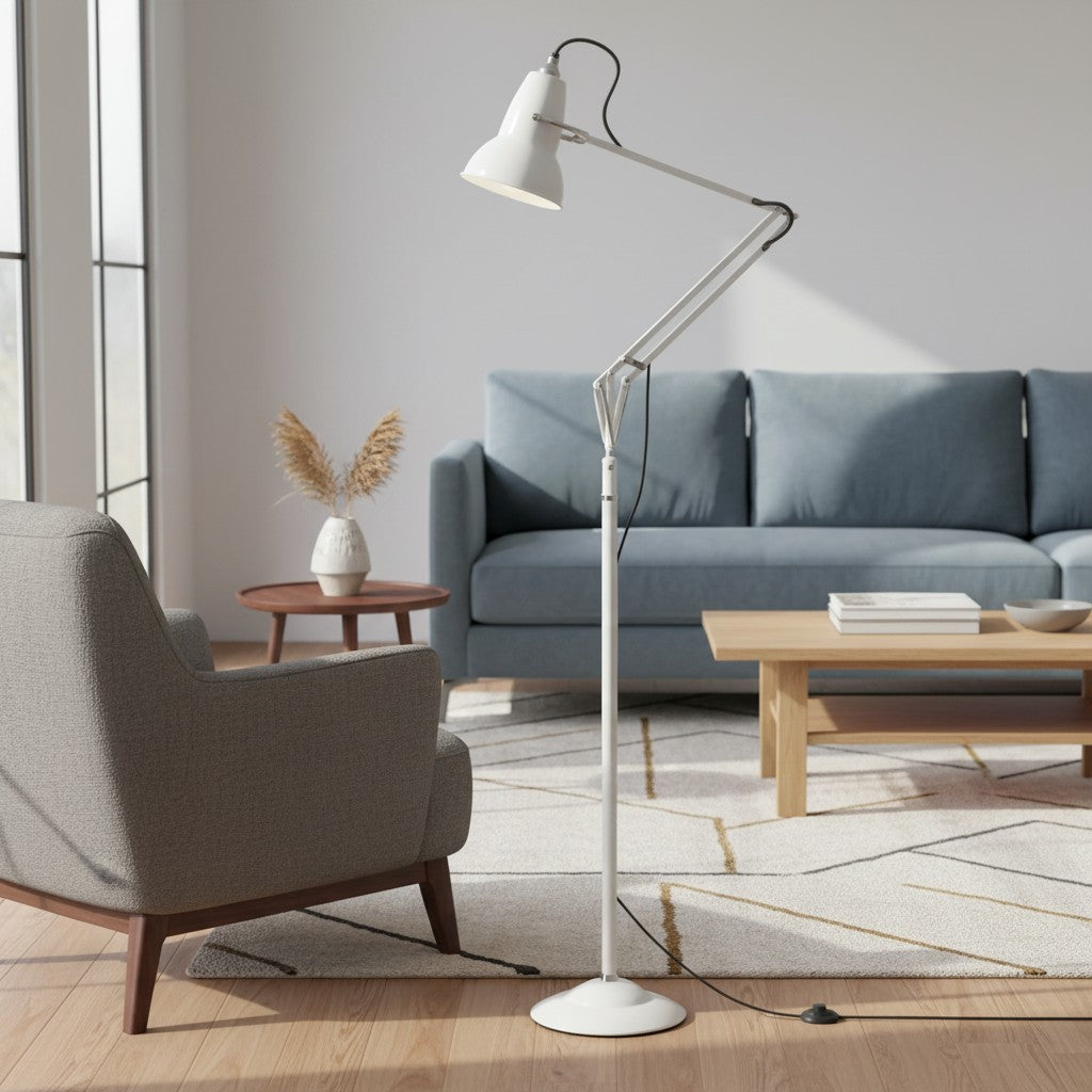 Adjustable Industrial Floor Lamp with Swing Arm for Task Lighting