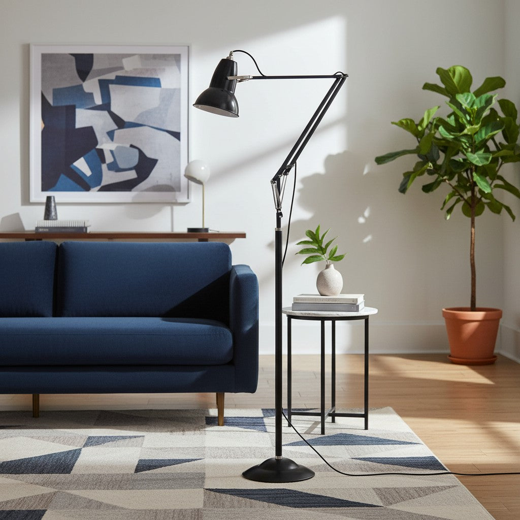 Adjustable Industrial Floor Lamp with Swing Arm for Task Lighting