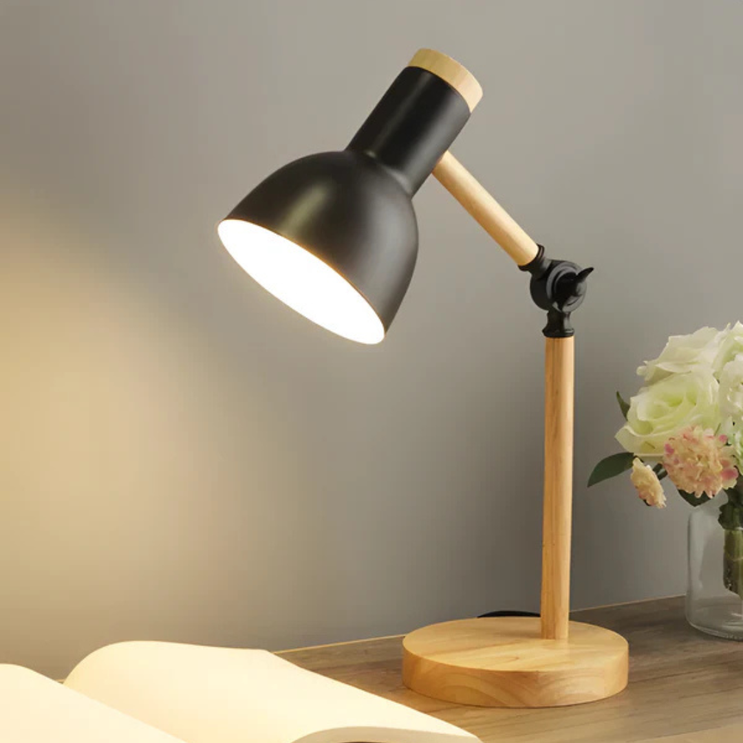 Adjustable Wood Desk Lamp with Metal Shade
