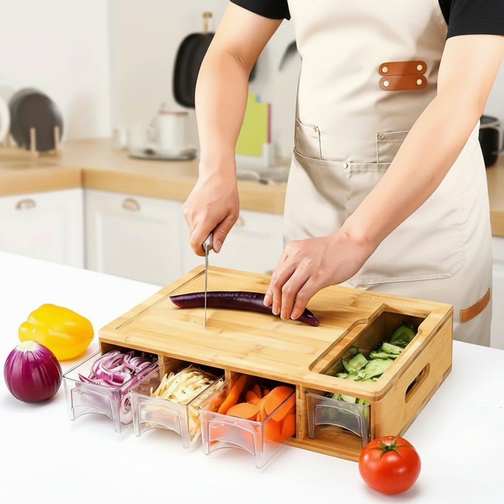 Bamboo Cutting Board with Storage Tray System