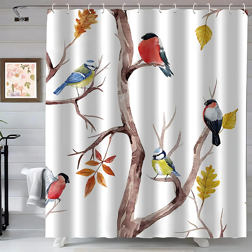 Bird Shower Curtain with Nordic Branch Design