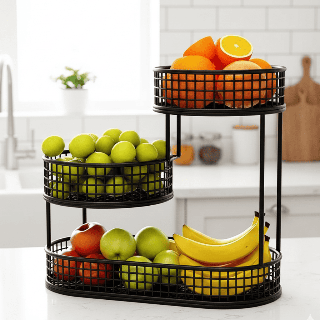 Black Metal Fruit Basket 3 Tier Food Storage