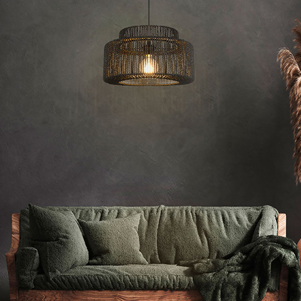 Black Rattan Drum Pendant Light with Woven Shade