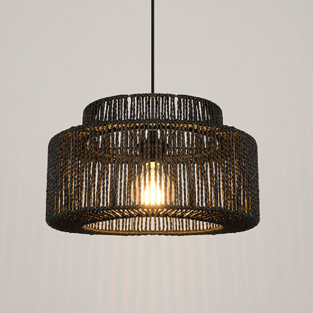 Black Rattan Drum Pendant Light with Woven Shade