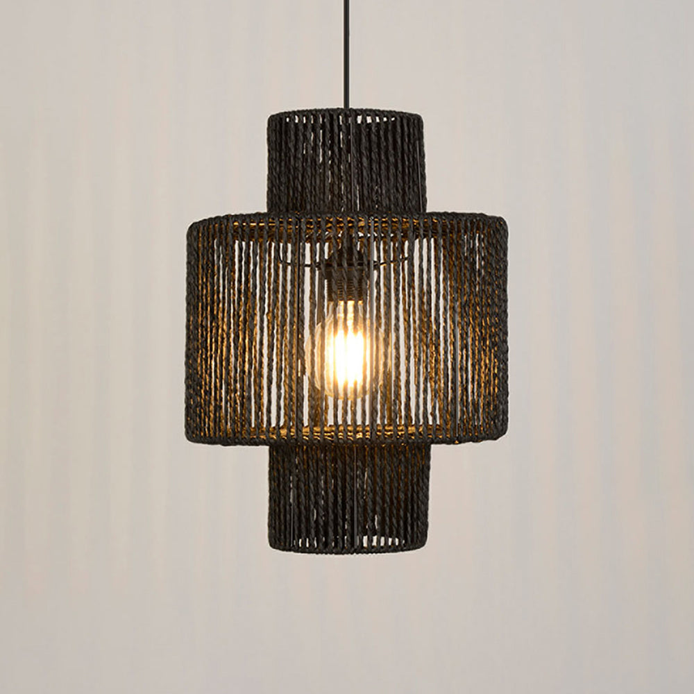 Black Rattan Drum Pendant Light with Woven Shade