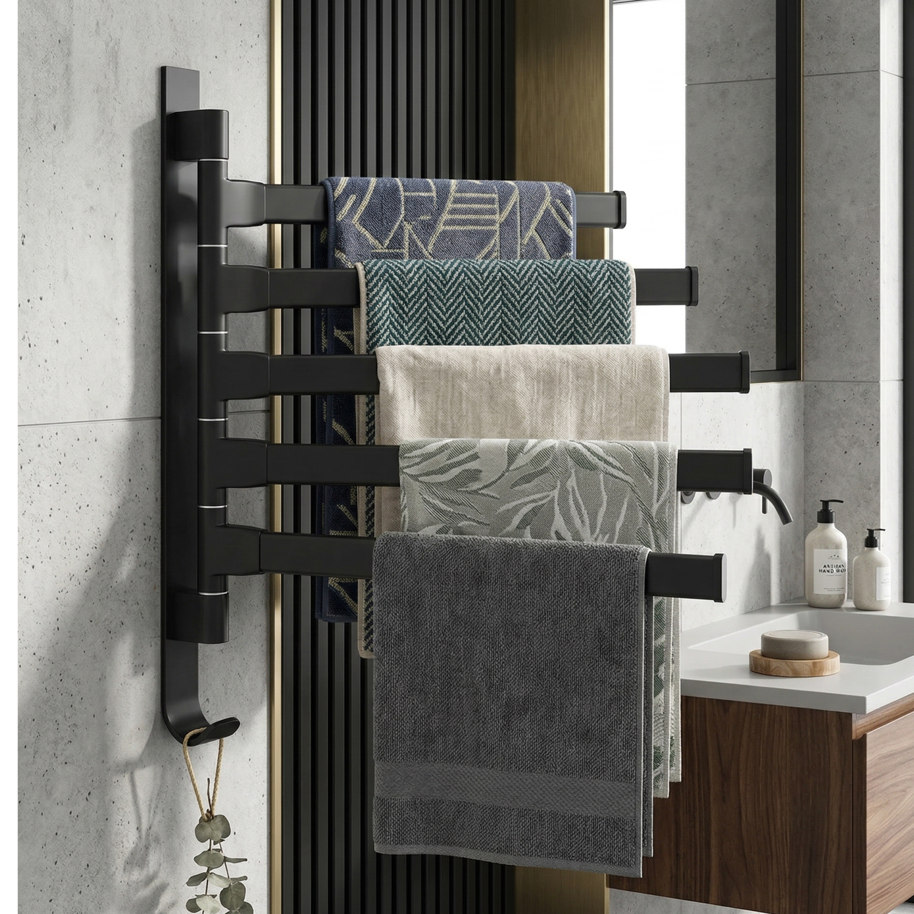 Black Towel Rack Bathroom Accessories with Multi Arm Swing Design