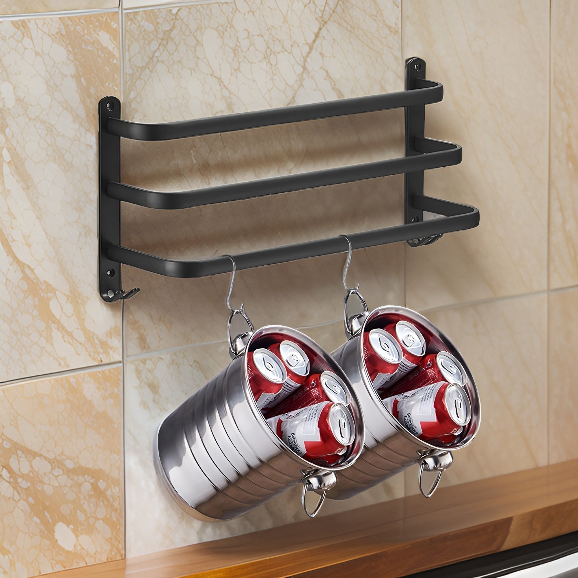 Black Wall Shelf Rack with Hooks Storage Design