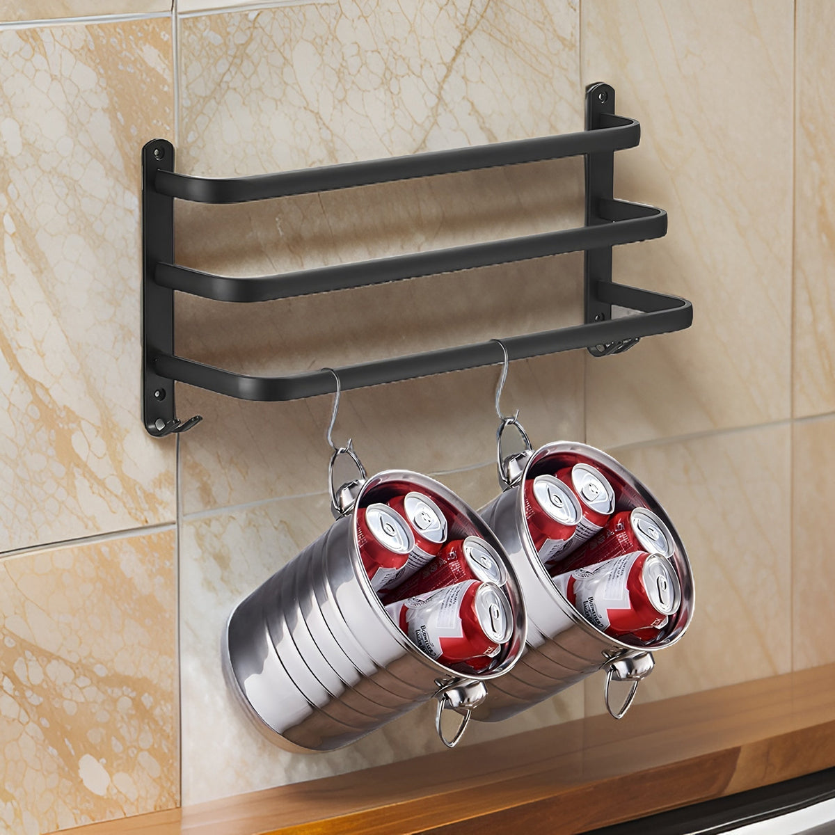 Black Wall Shelf Rack with Hooks Storage Design