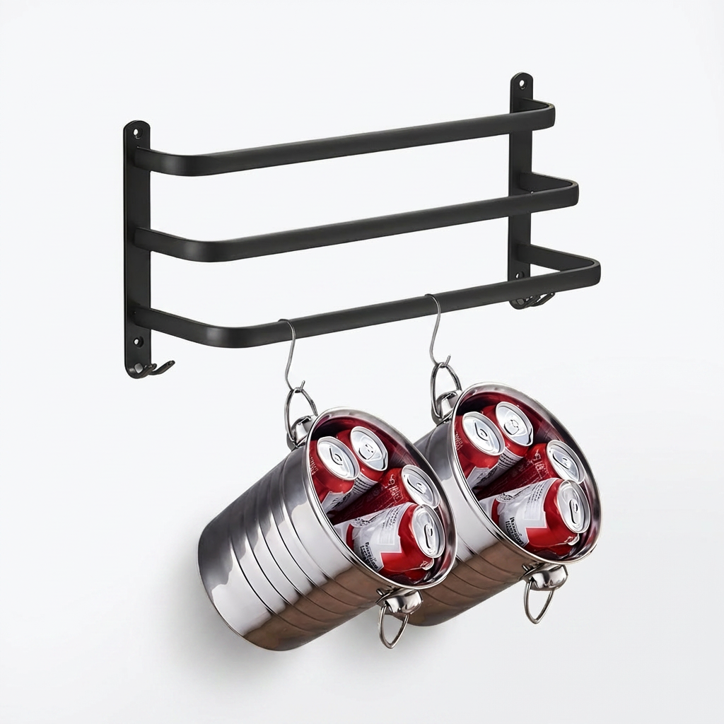 Black Wall Shelf Rack with Hooks Storage Design