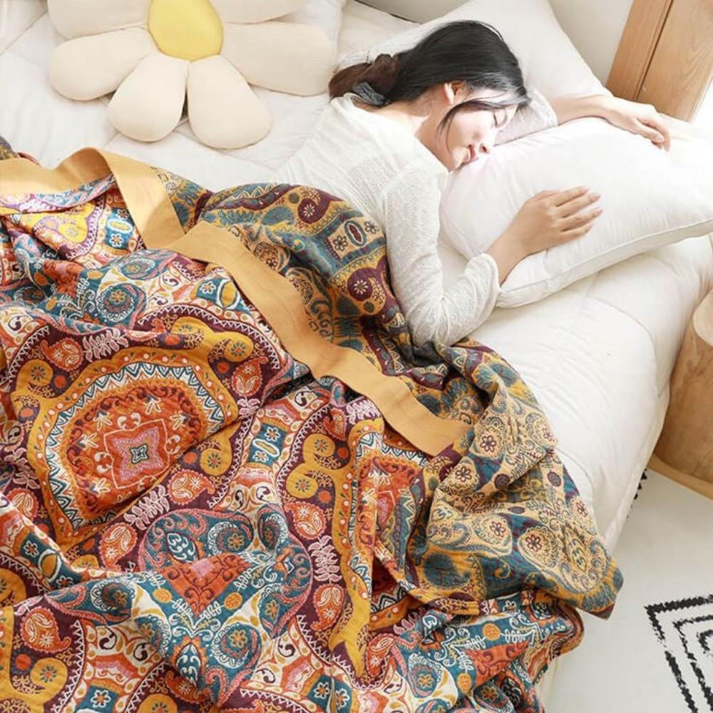 Boho Cotton Throw Blanket with Sunrise Pattern
