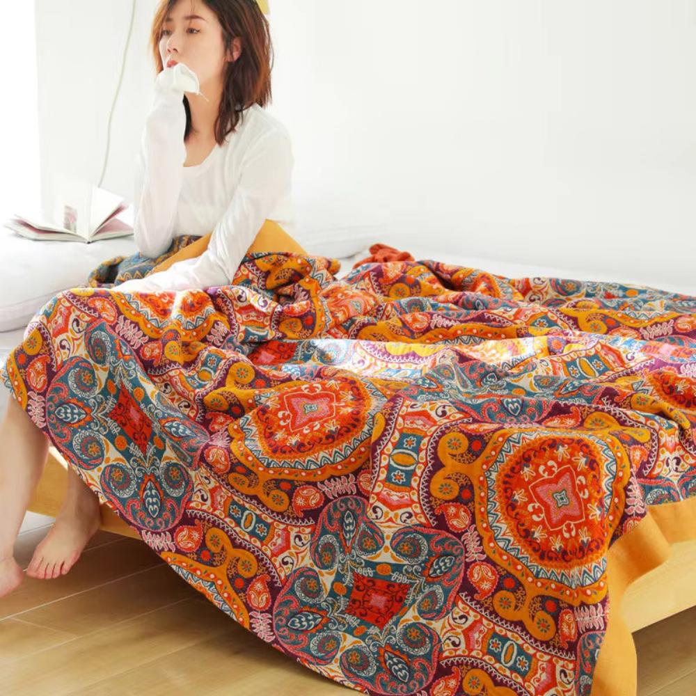Boho Cotton Throw Blanket with Sunrise Pattern
