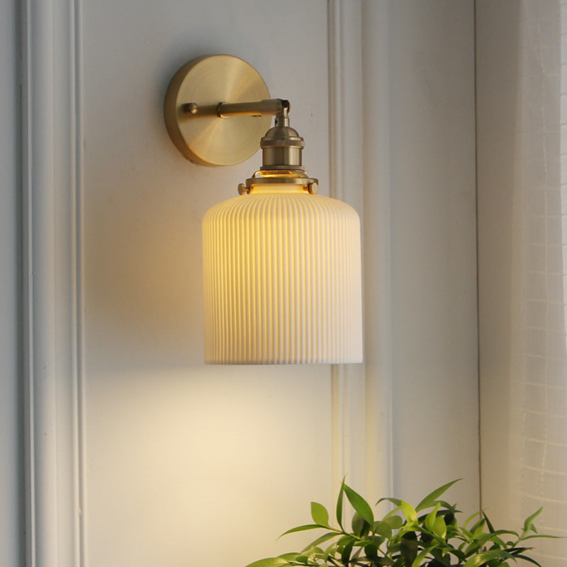 Brass Pleated Glass Wall Sconce with Soft LED