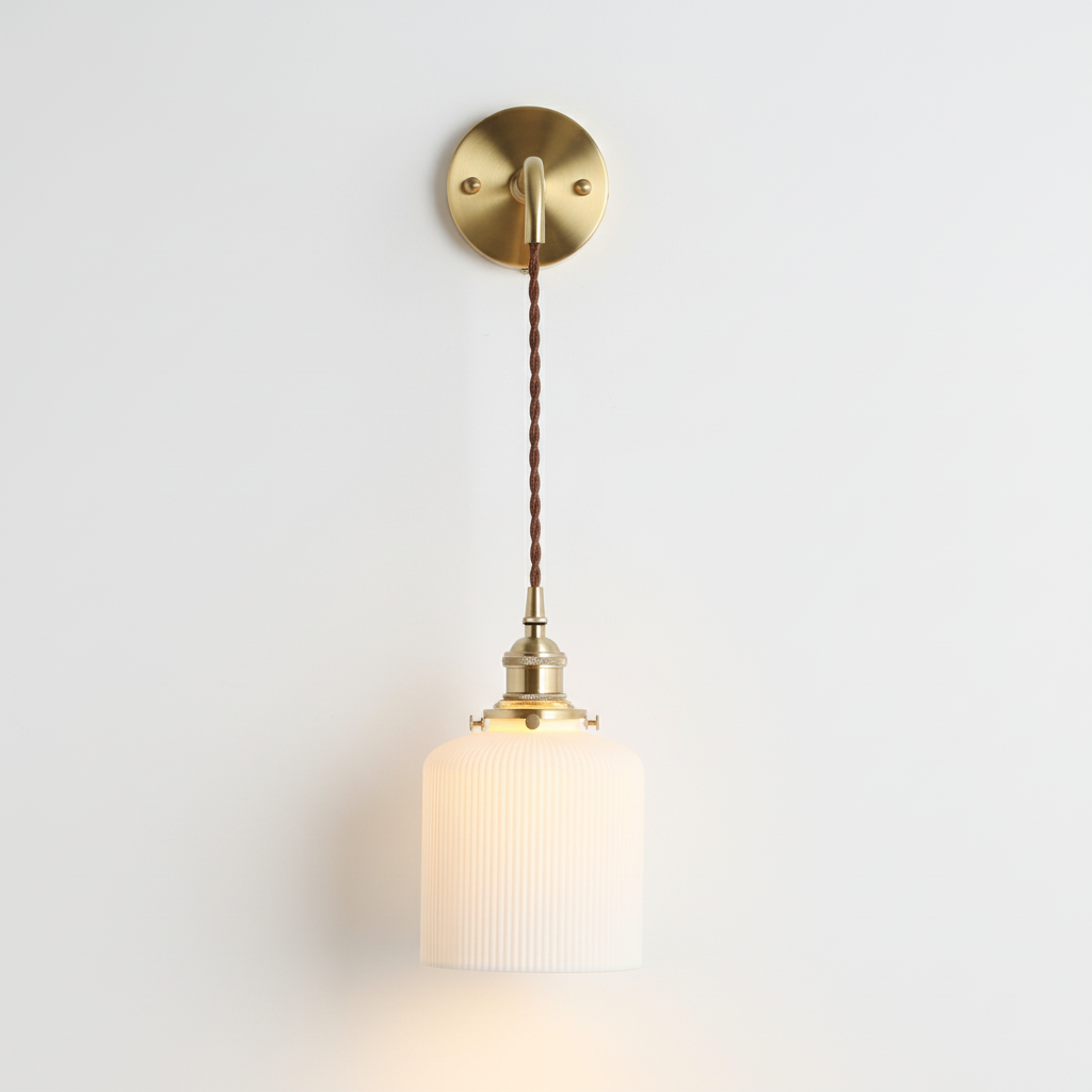 Brass Pleated Glass Wall Sconce with Soft LED
