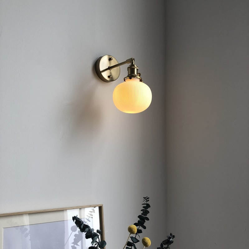Brass Pleated Glass Wall Sconce with Soft LED