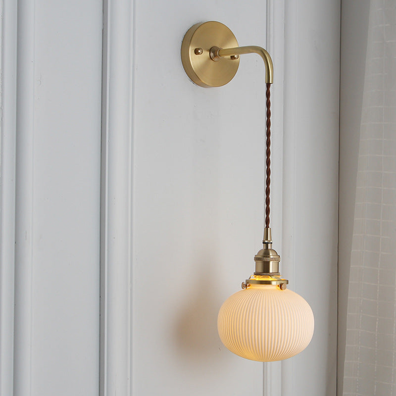 Brass Pleated Glass Wall Sconce with Soft LED