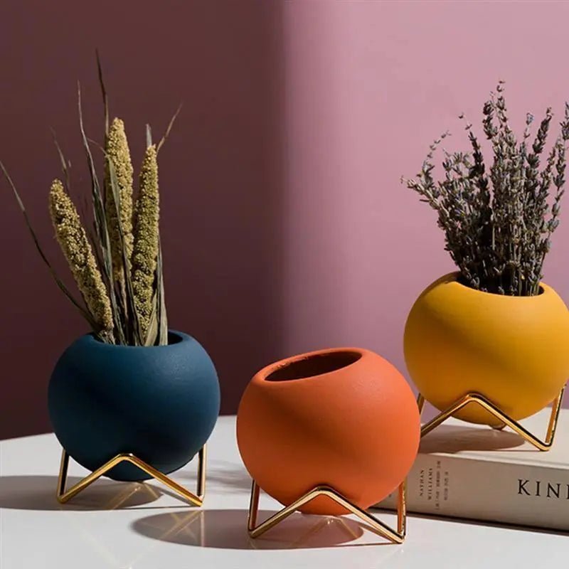 Ceramic Planter Pots with Metal Stand Set
