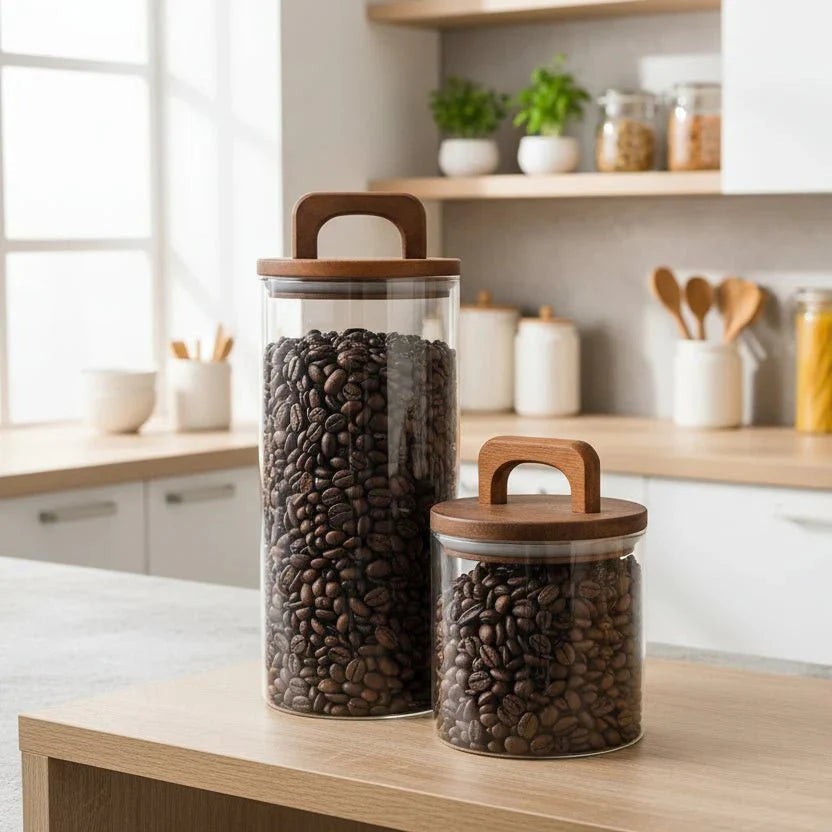 Clear Storage Jars with Wooden Lid Airtight Set
