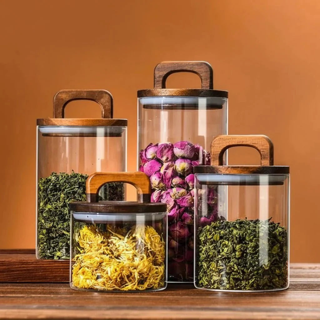 Clear Storage Jars with Wooden Lid Airtight Set
