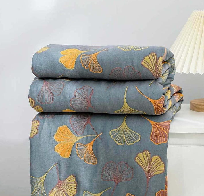 Cotton Throw Blanket with Ginkgo Leaf Pattern
