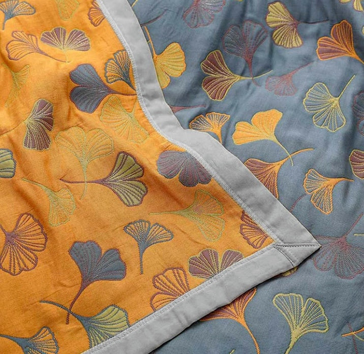 Cotton Throw Blanket with Ginkgo Leaf Pattern