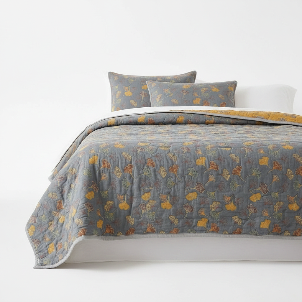 Cotton Throw Blanket with Ginkgo Leaf Pattern