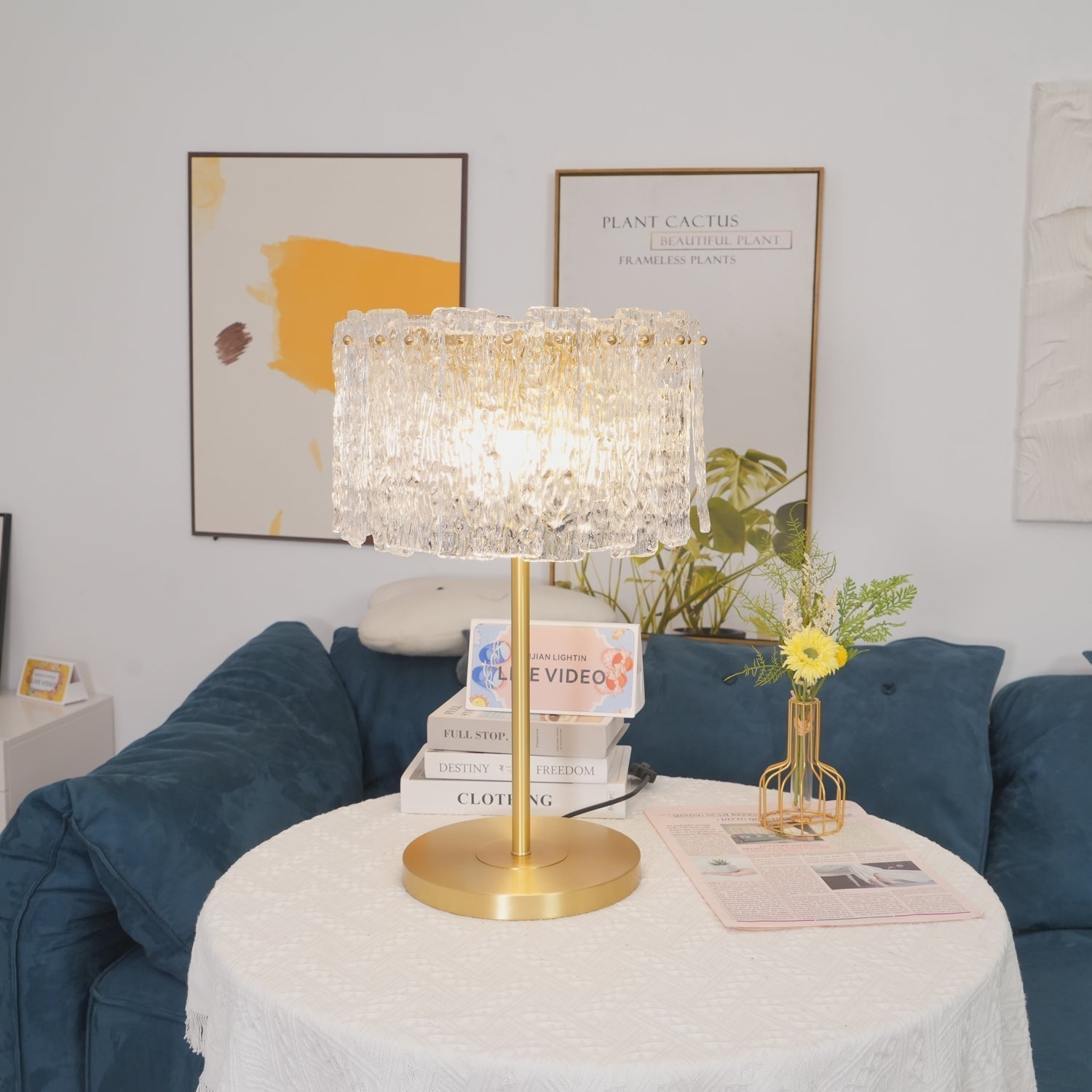 Crystal Gold Desk Lamp with Textured Glass Shade