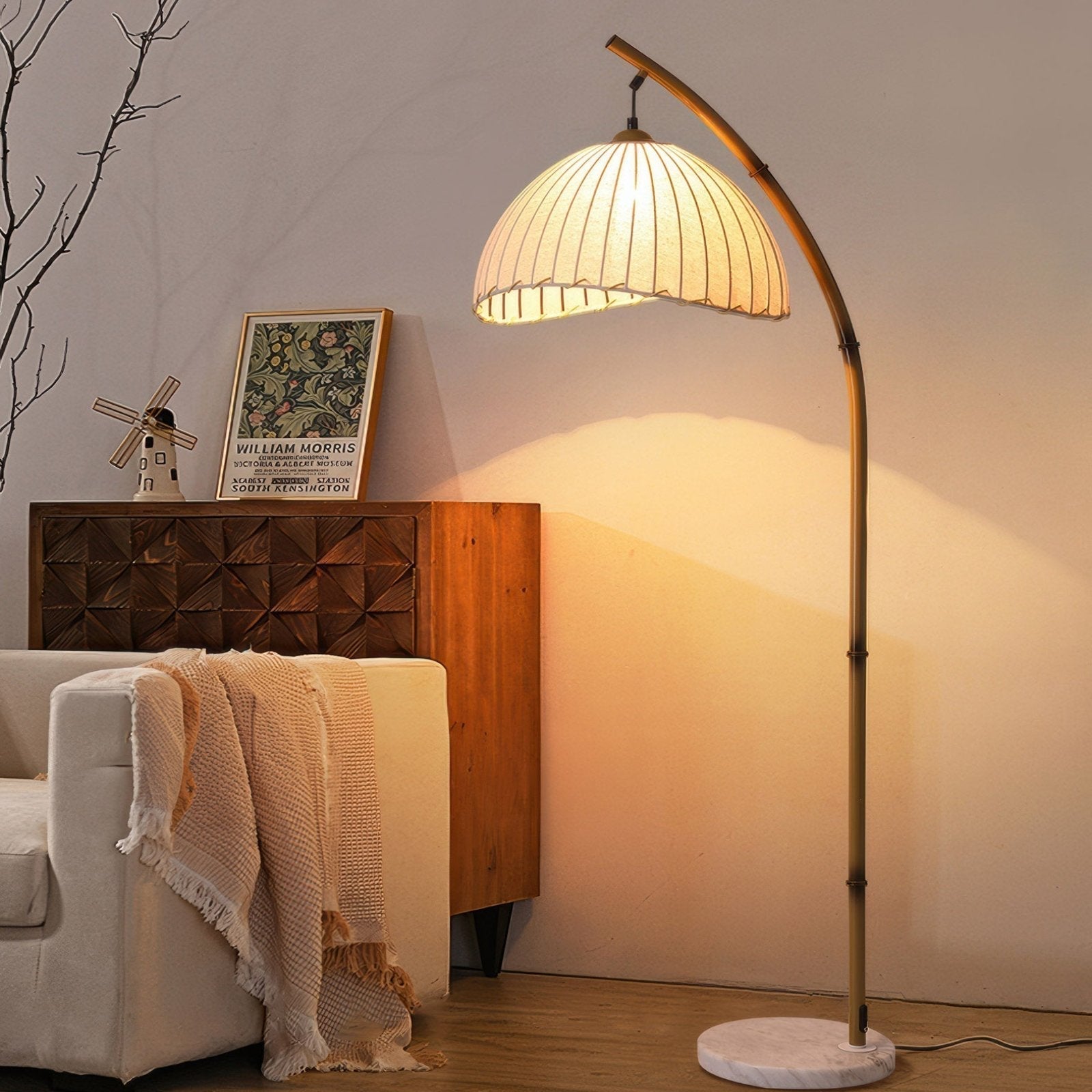 Curved Floor Lamp with Linen Shade Design