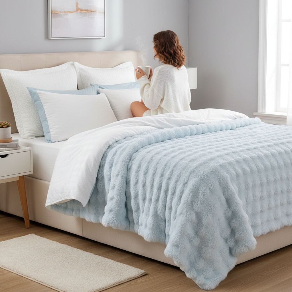 Faux Fur Blanket with Wavy Plush Texture Design