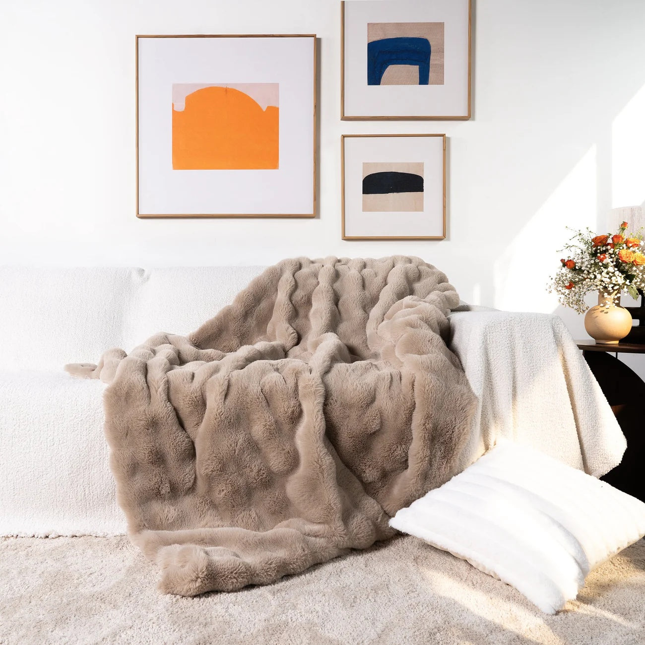 Faux Fur Blanket with Wavy Plush Texture Design