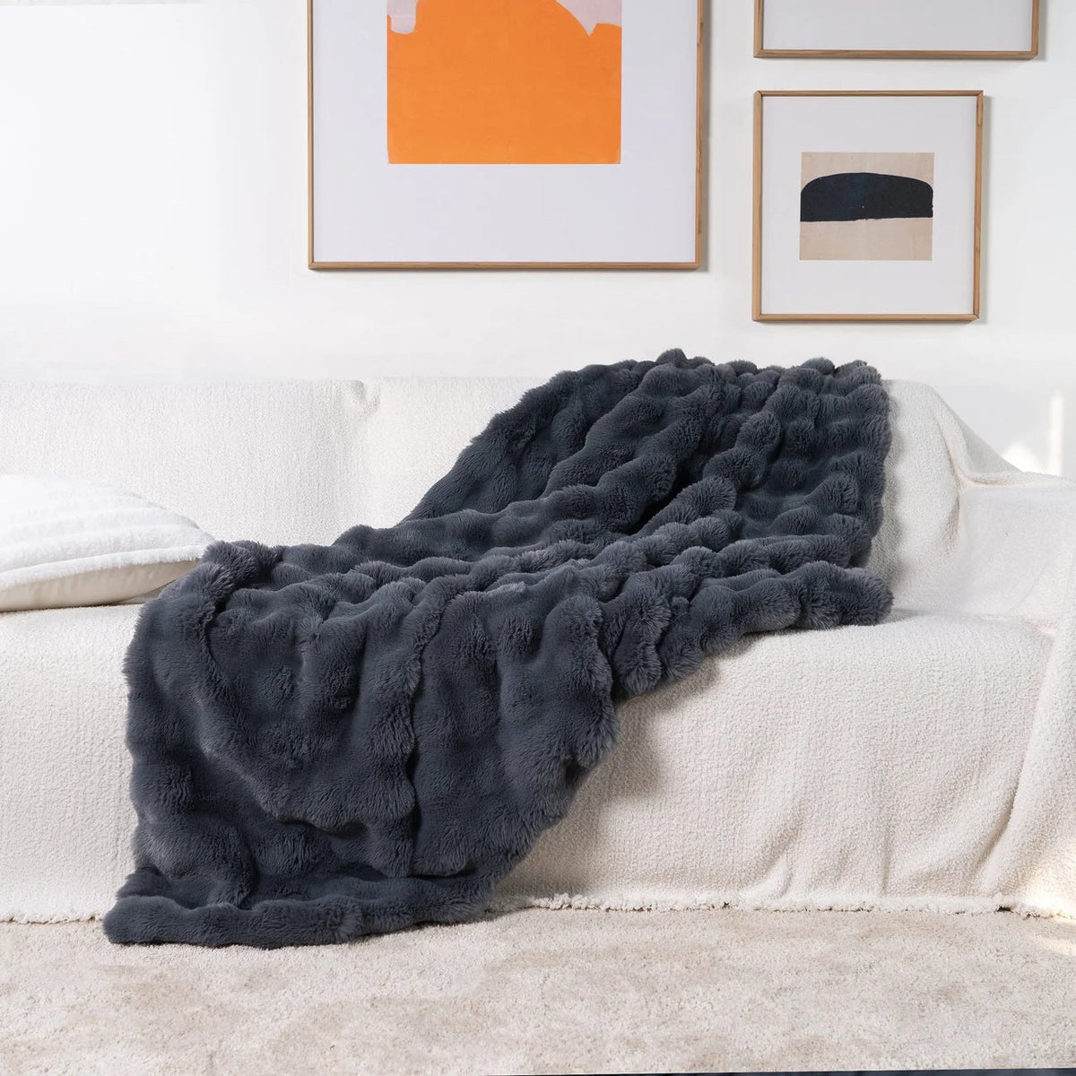 Faux Fur Blanket with Wavy Plush Texture Design