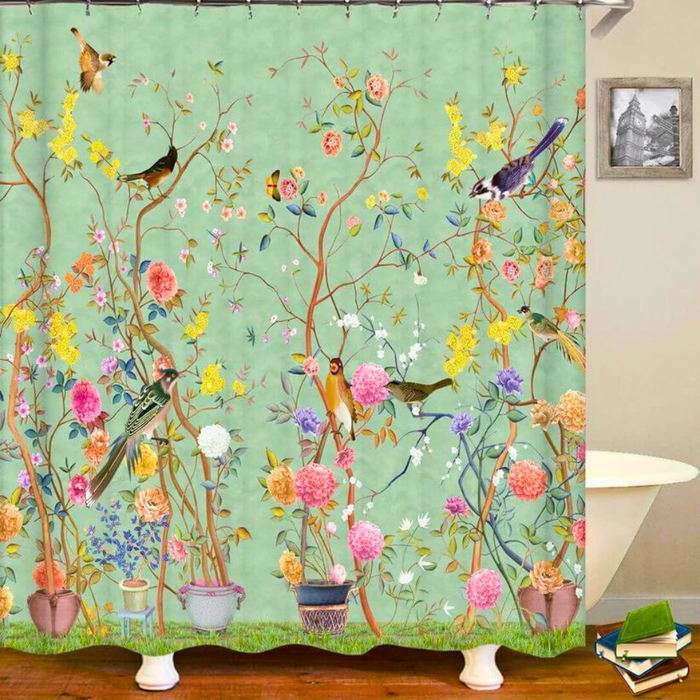 Floral Bird Shower Curtain with Artistic Garden Design