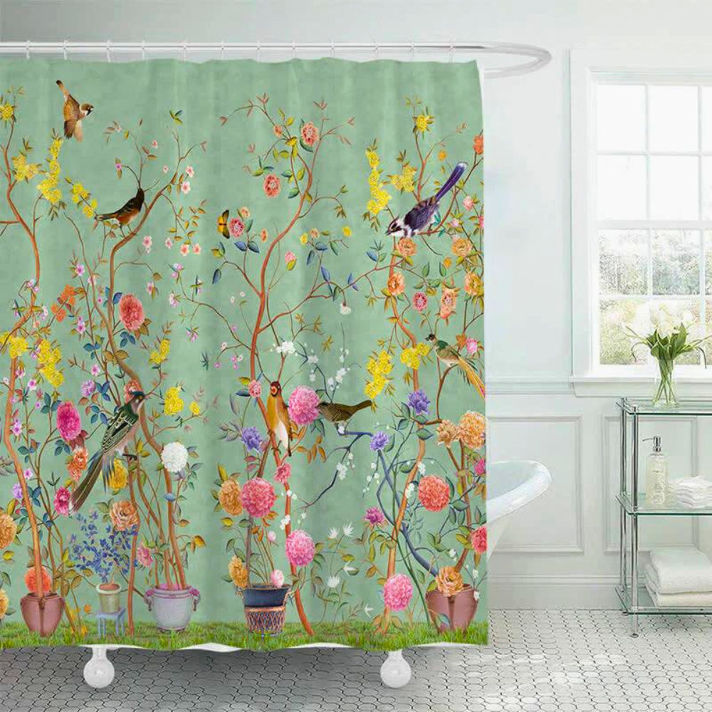 Floral Bird Shower Curtain with Artistic Garden Design