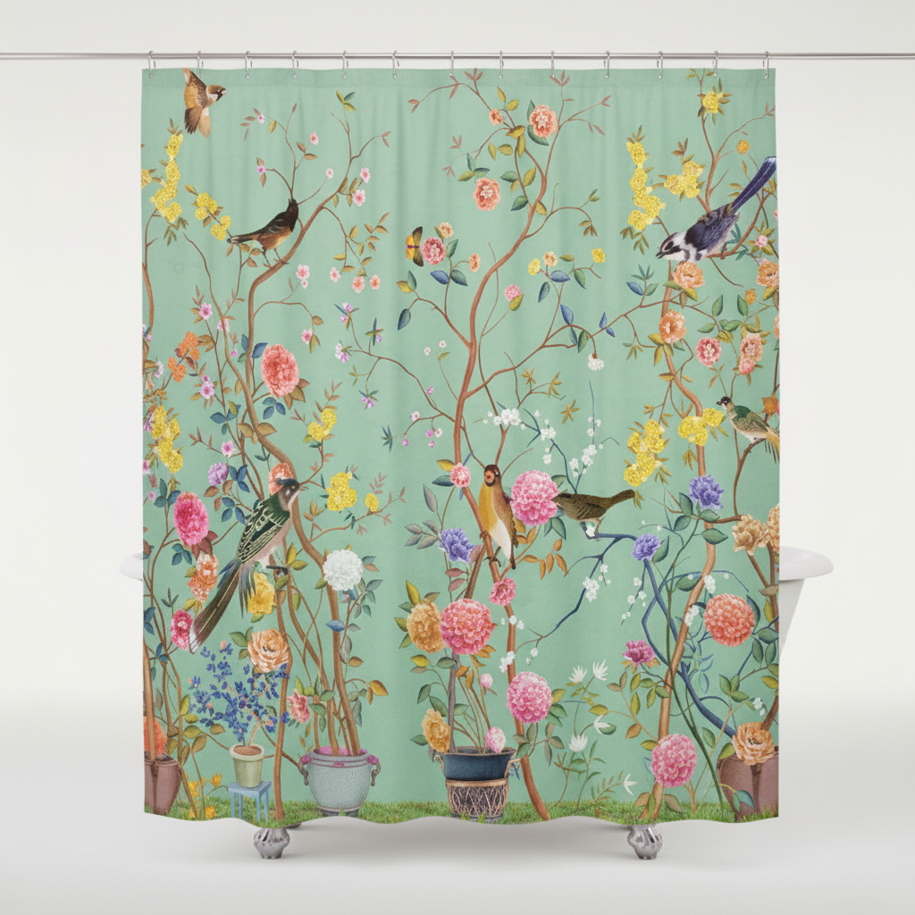 Floral Bird Shower Curtain with Artistic Garden Design