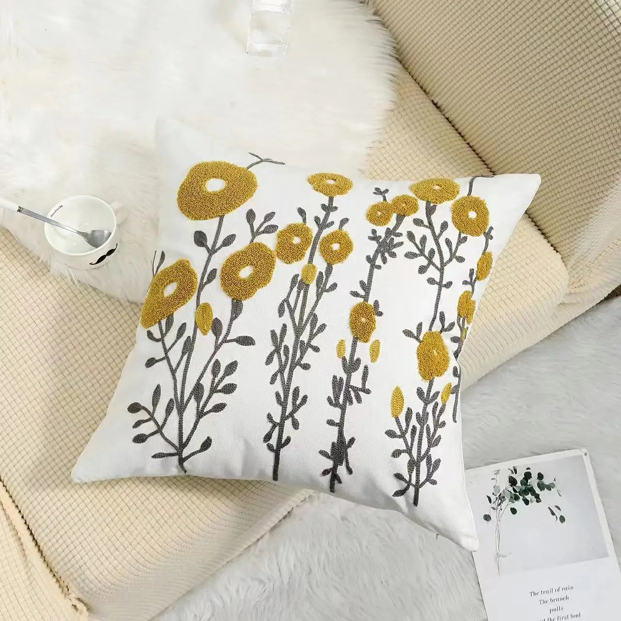 Floral Cushion Cover with Embroidered Design