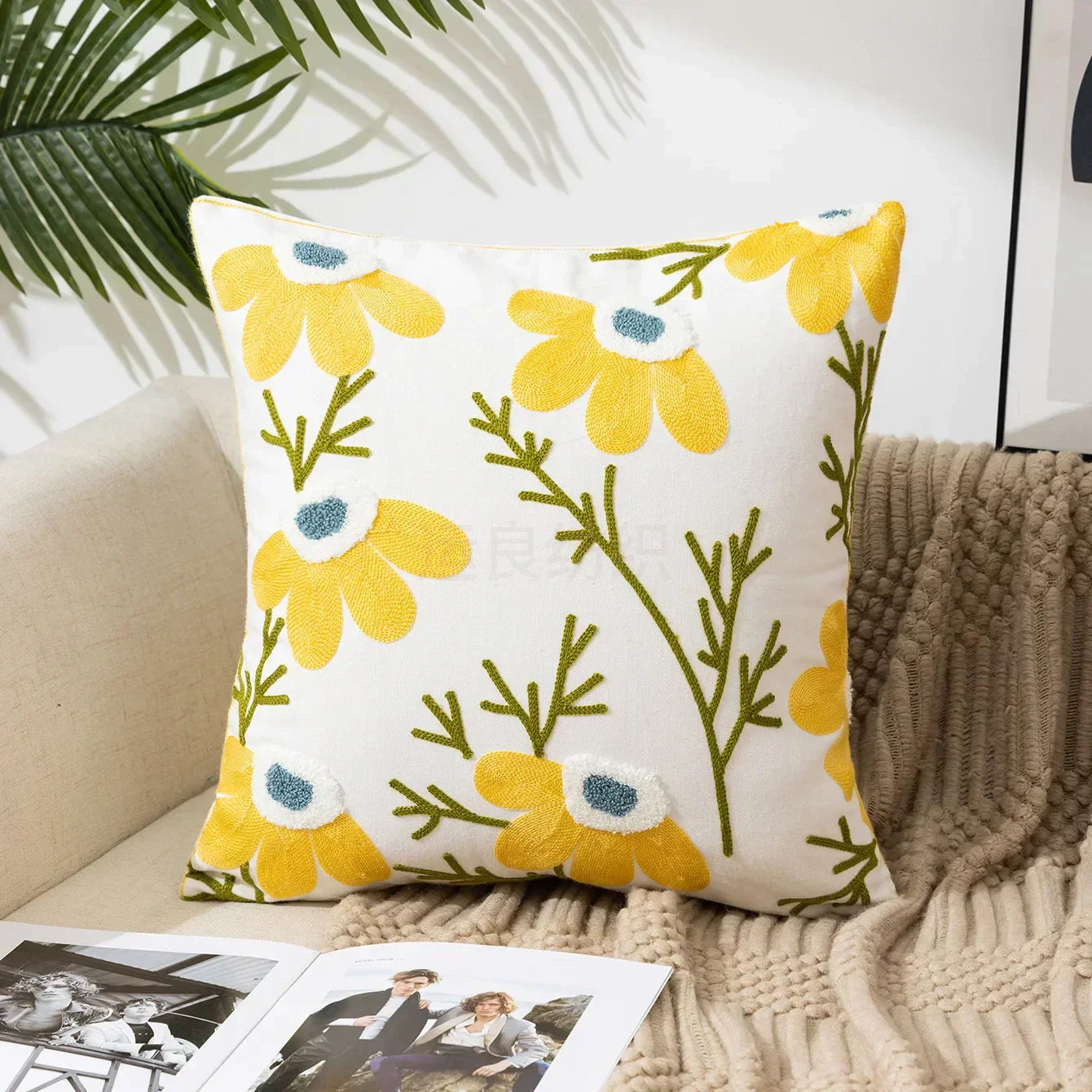 Floral Cushion Cover with Embroidered Design