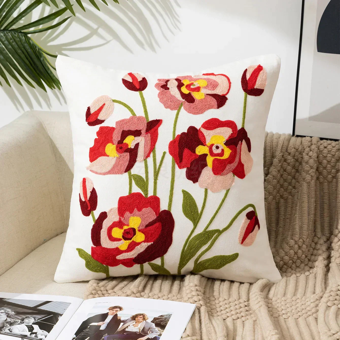 Floral Cushion Cover with Embroidered Design