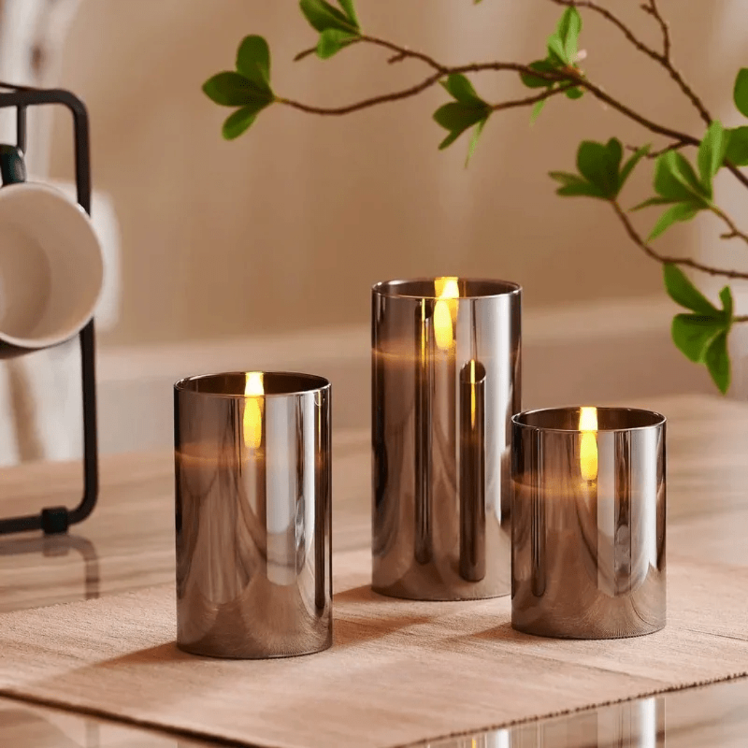 Glass LED Flameless Candle Set of Three Lights