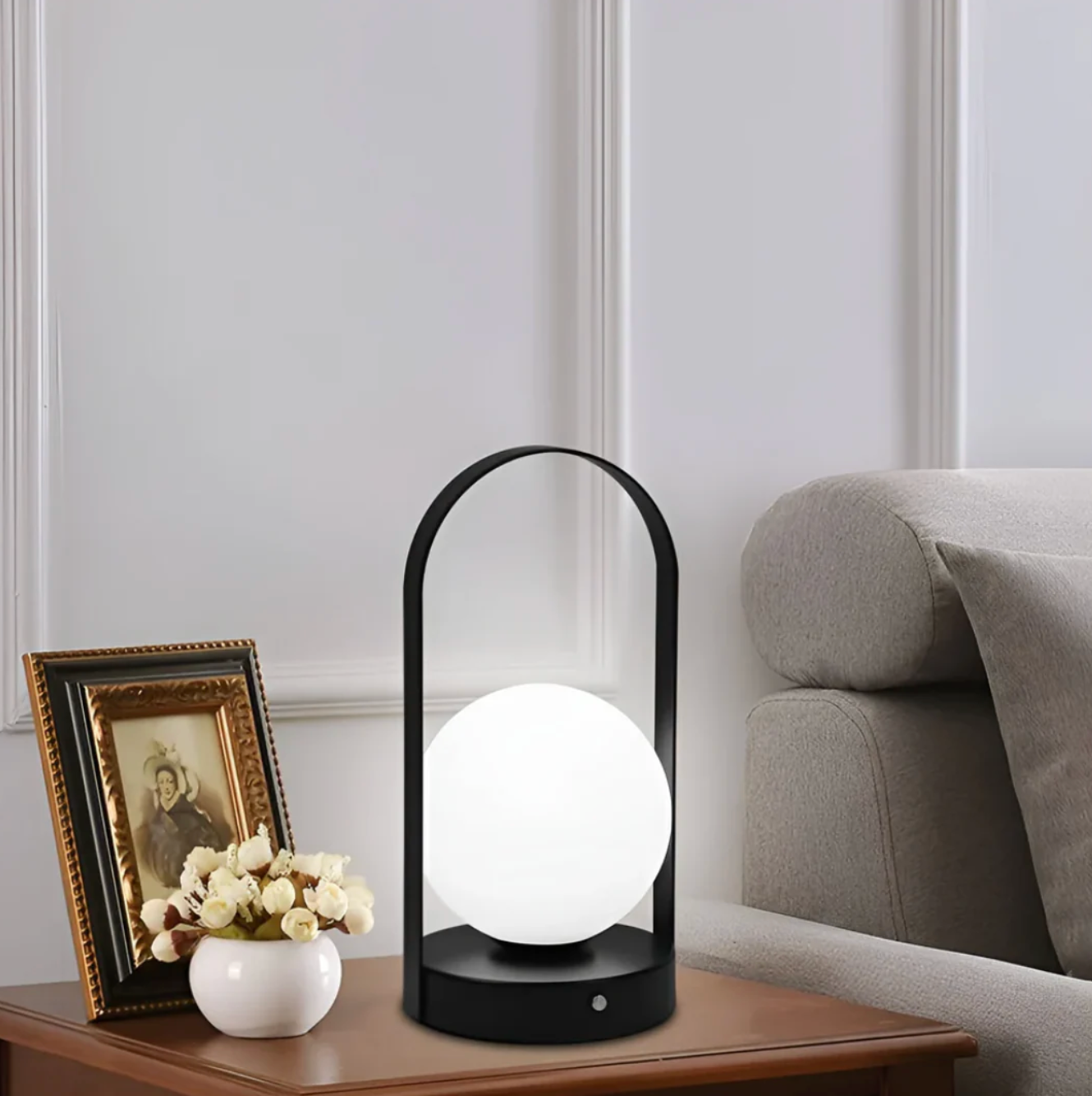 Gold Globe Table Lamp with Modern Frame Design