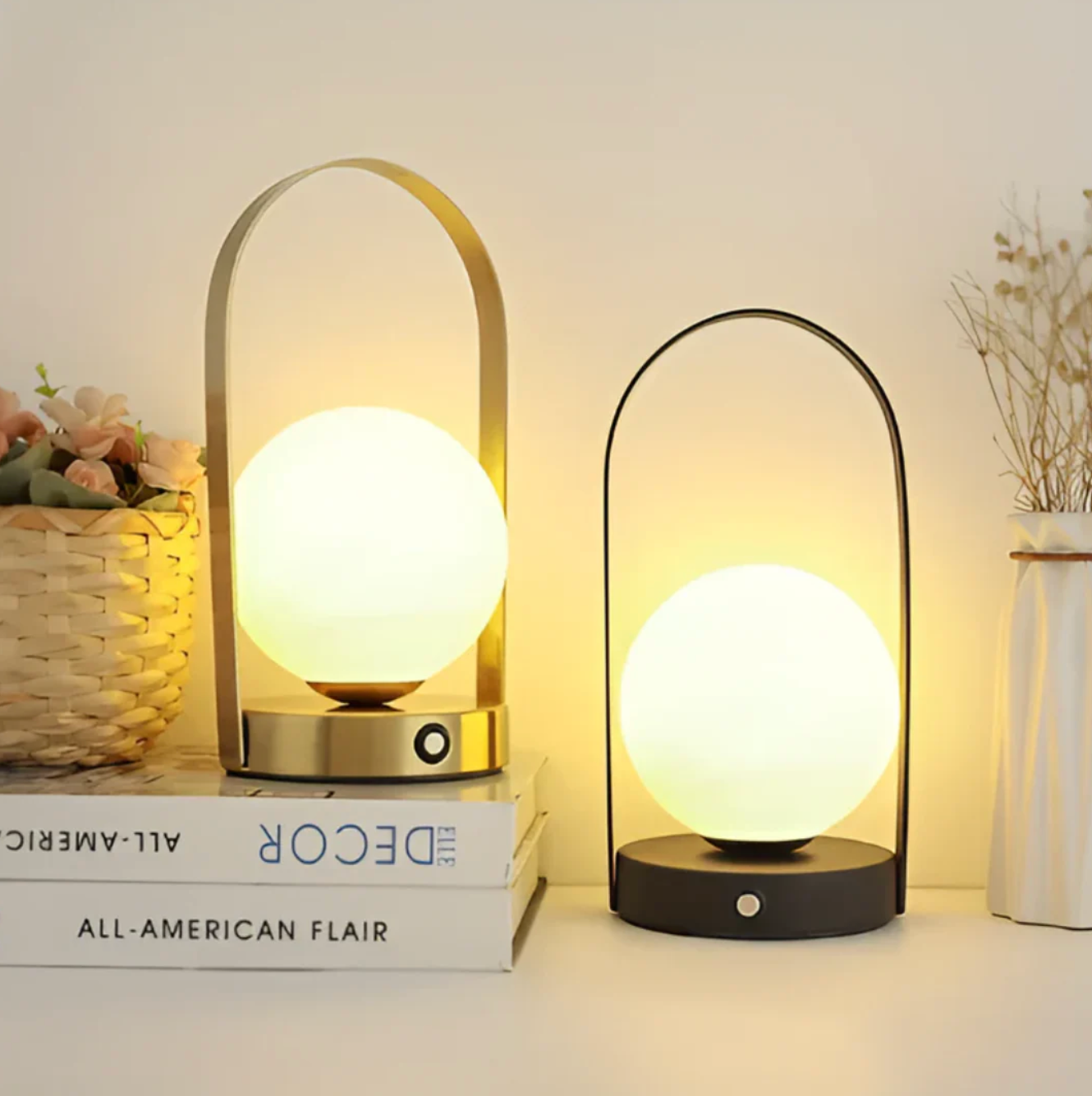 Gold Globe Table Lamp with Modern Frame Design