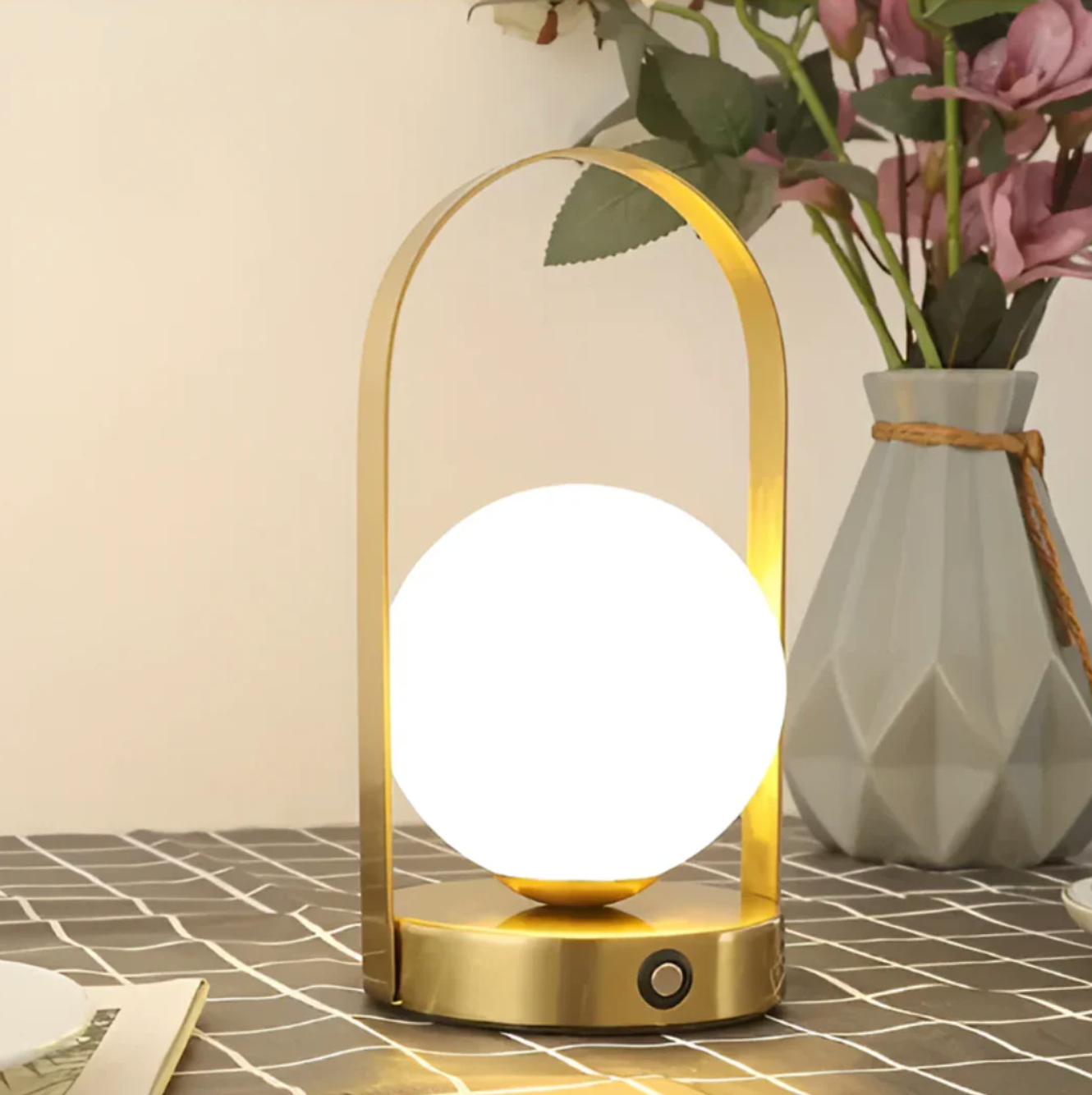 Gold Globe Table Lamp with Modern Frame Design