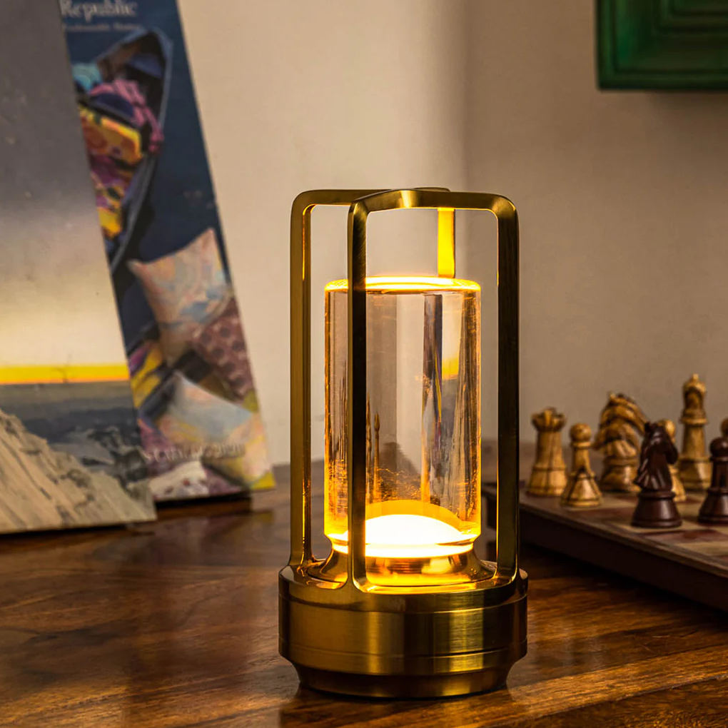 Gold Wireless Table Lamp with Glass Cylinder Core