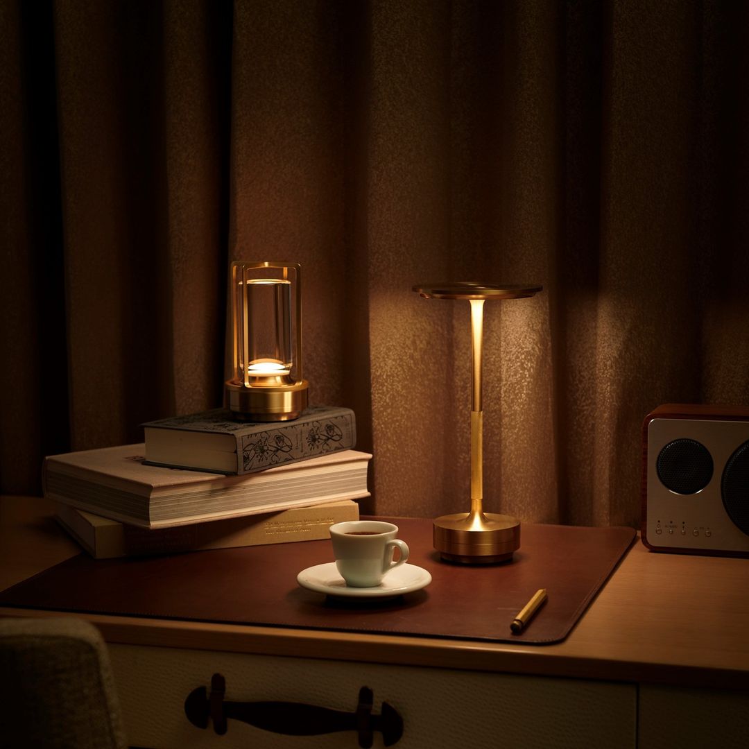Gold Wireless Table Lamp with Glass Cylinder Core