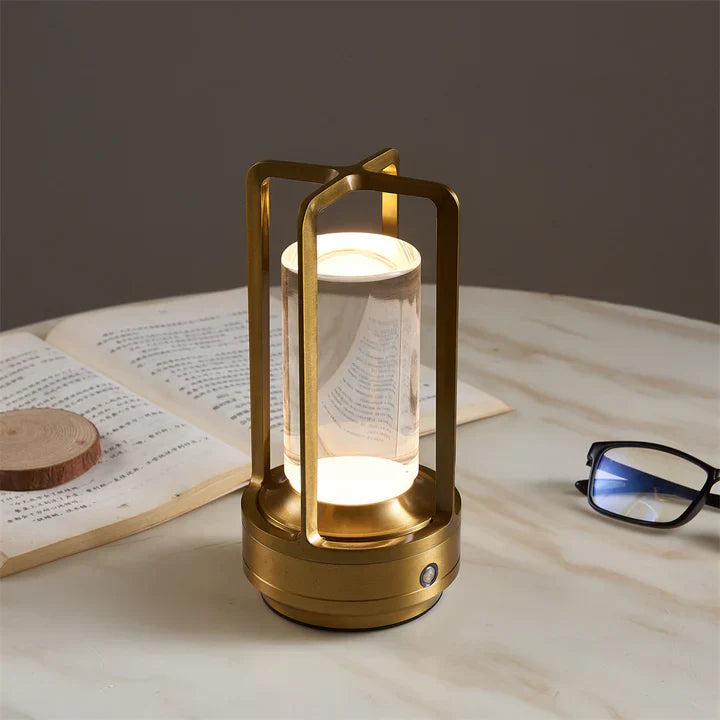 Gold Wireless Table Lamp with Glass Cylinder Core