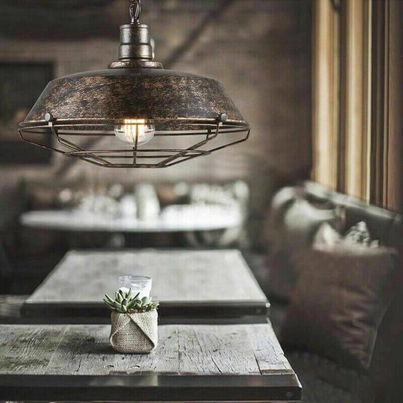 Industrial Rustic Pendant Light with Metal Cage Shade