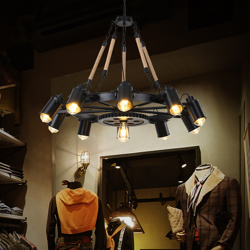 Industrial Wheel Chandelier with Rope and Metal Frame