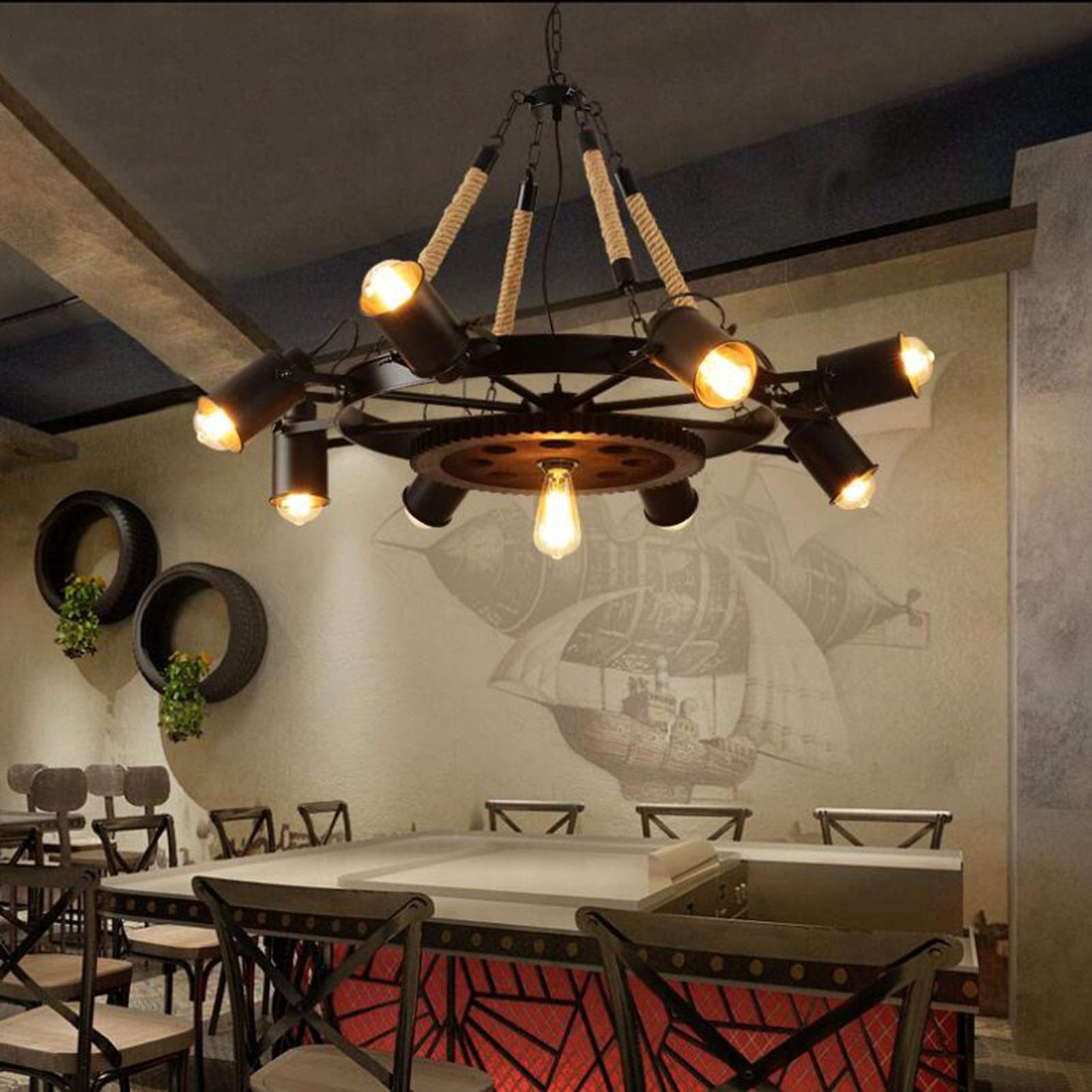 Industrial Wheel Chandelier with Rope and Metal Frame