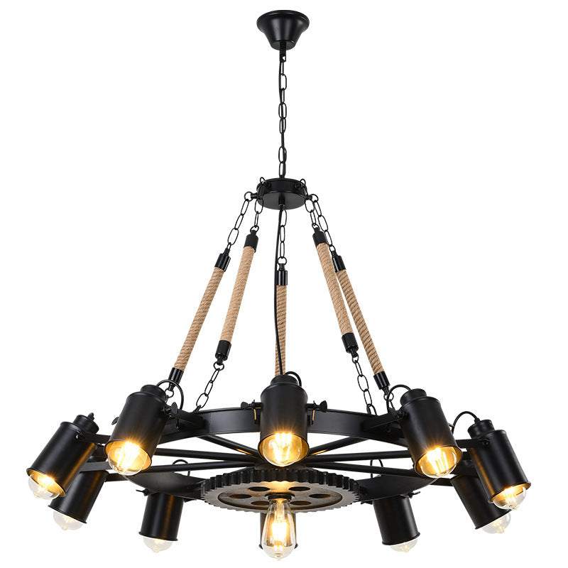 Industrial Wheel Chandelier with Rope and Metal Frame
