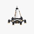 Industrial Wheel Chandelier with Rope and Metal Frame