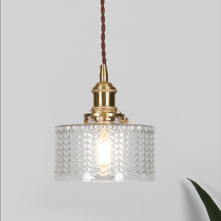 Japanese Brass Glass Pendant Light with Textured Shade