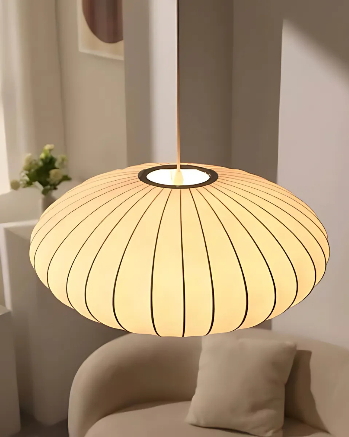Japanese Fabric Pendant Light with Soft Round Shade